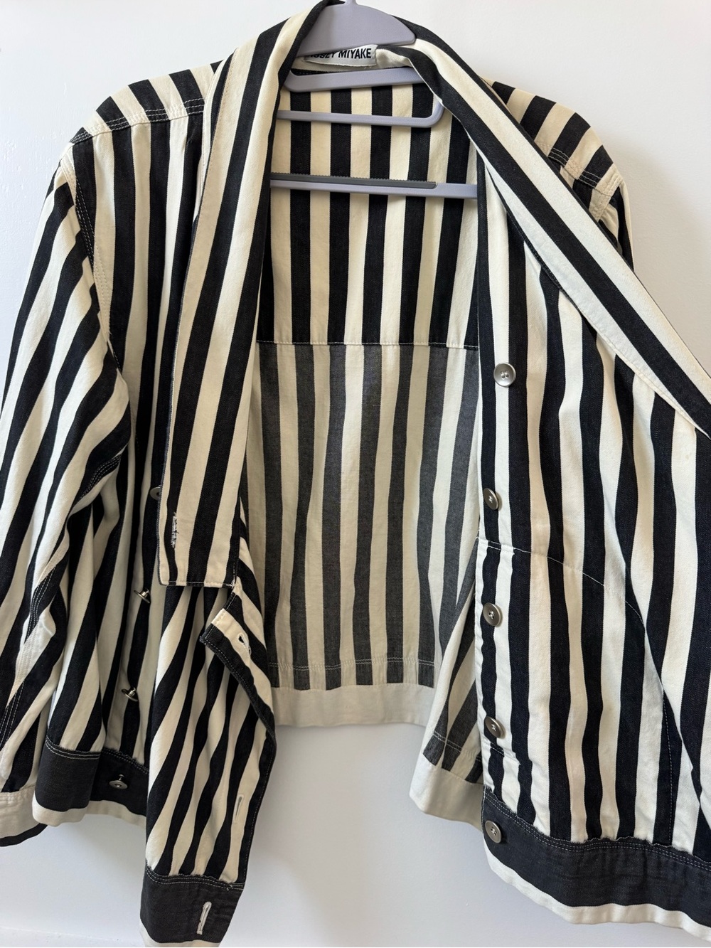 Issey Miyake Black & Cream Vertical Stripe Asymmetric Jacket - Picture 6 of 7